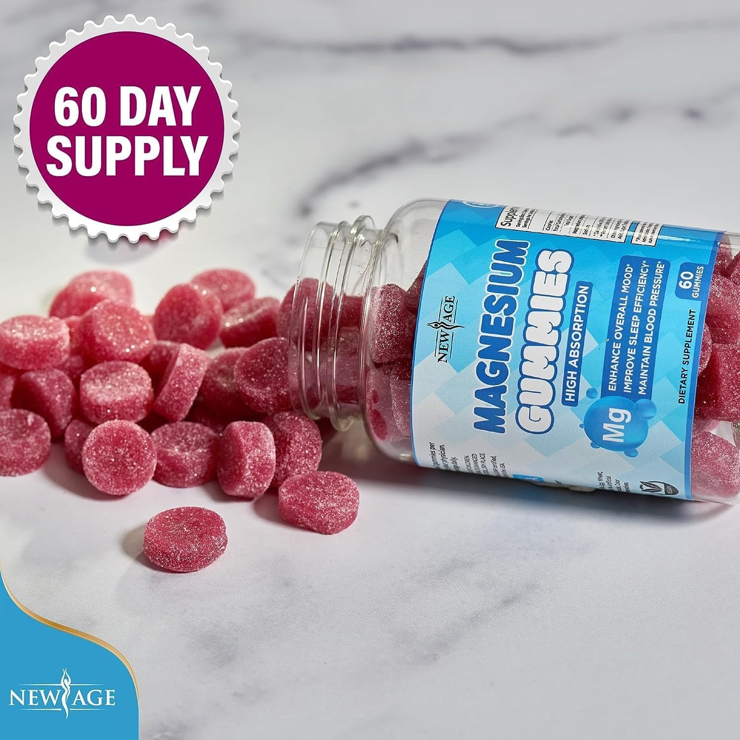 60 Count Vegan Magnesium Gummies for Adults and Kids - Natural Raspberry Flavor, Stress Relief, Gluten-Free & Non-GMO - New Age