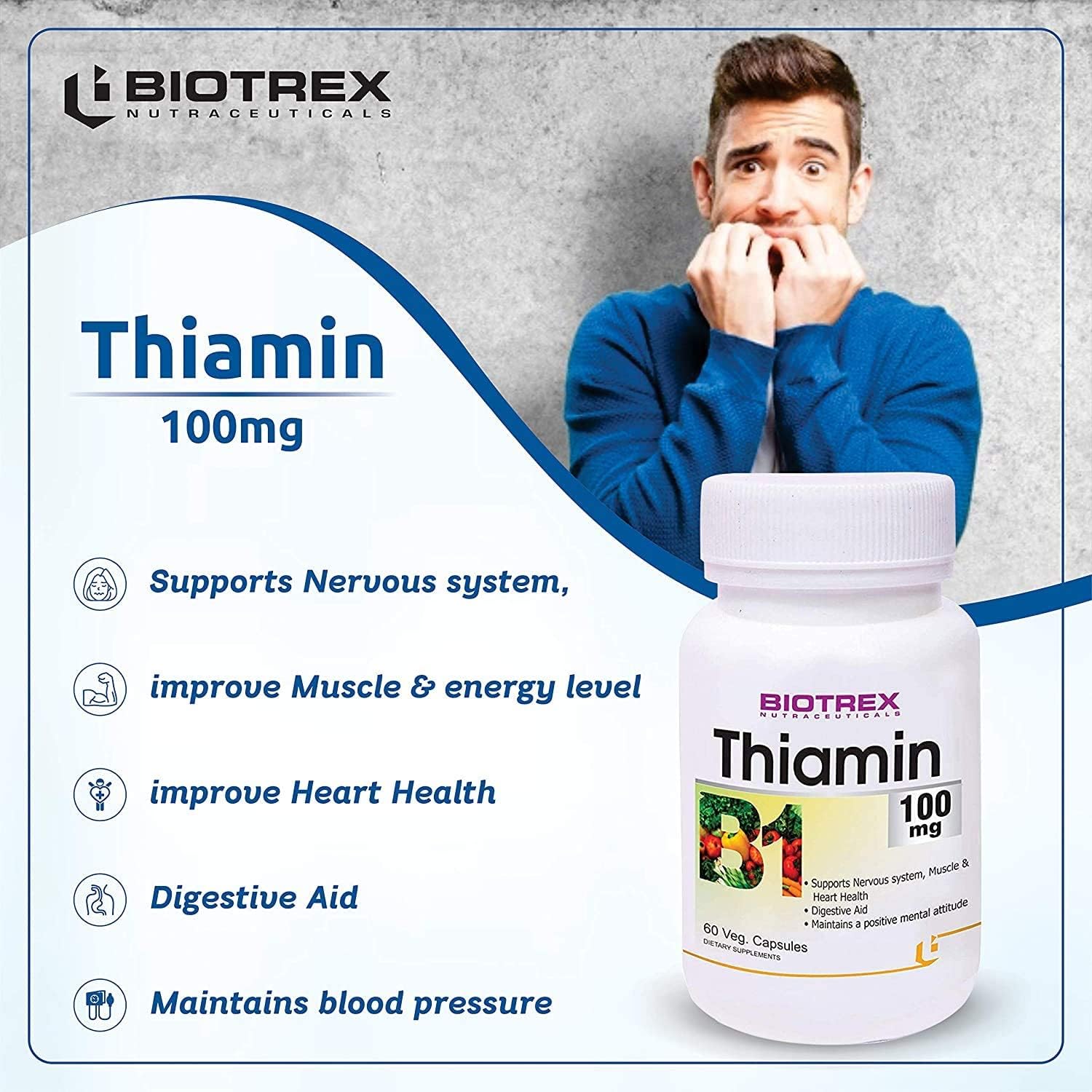 60 Count Vegan Thiamin (Vitamin B1) Capsules for Energy Support in a Plant-Based Formula