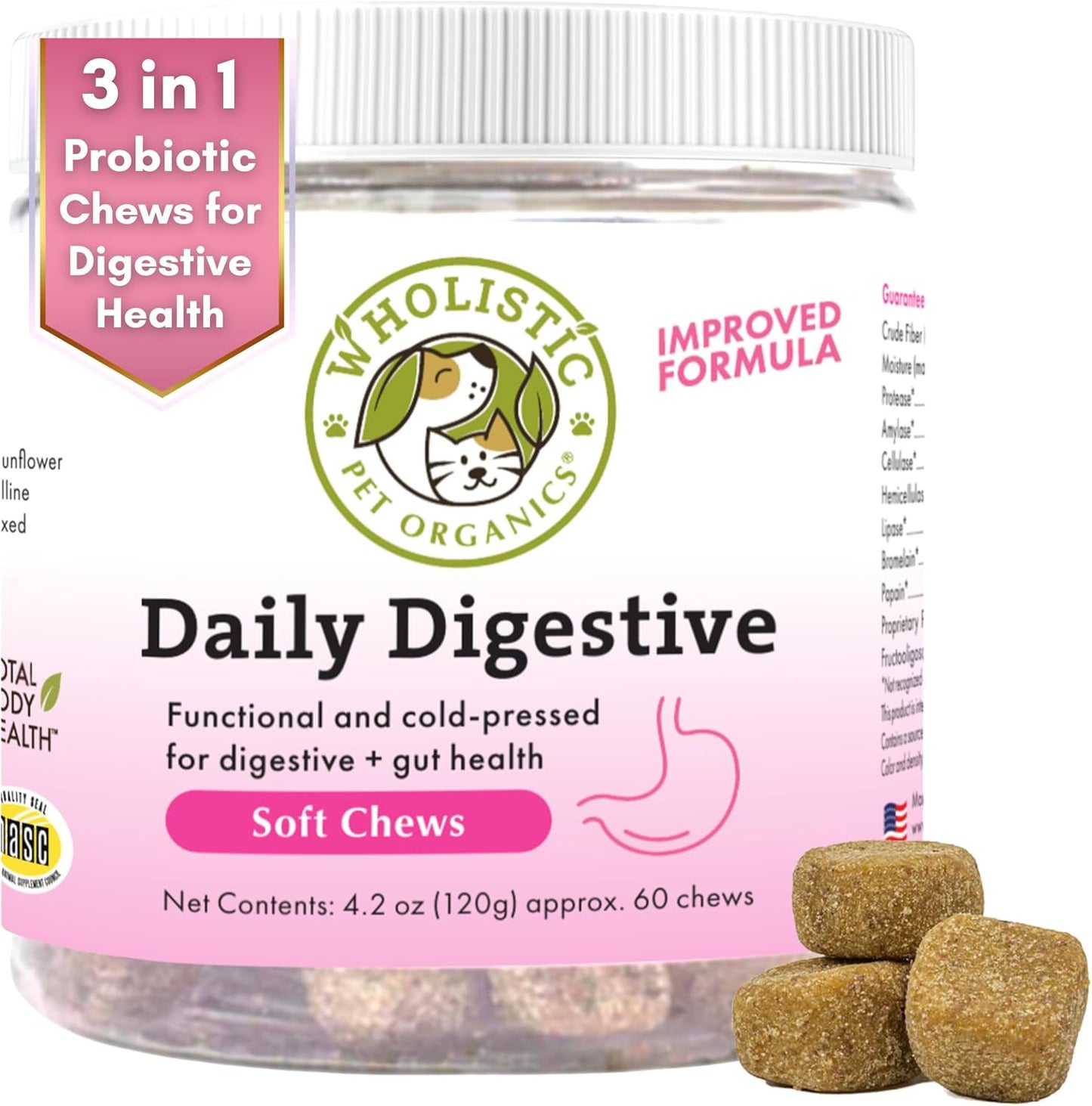 60 Count Wholistic Pet Organics Probiotic Chews for Dogs - Digestive Health Support with Dog Probiotics and Digestive Enzymes - Immune Supplement to Prevent Digestive Problems