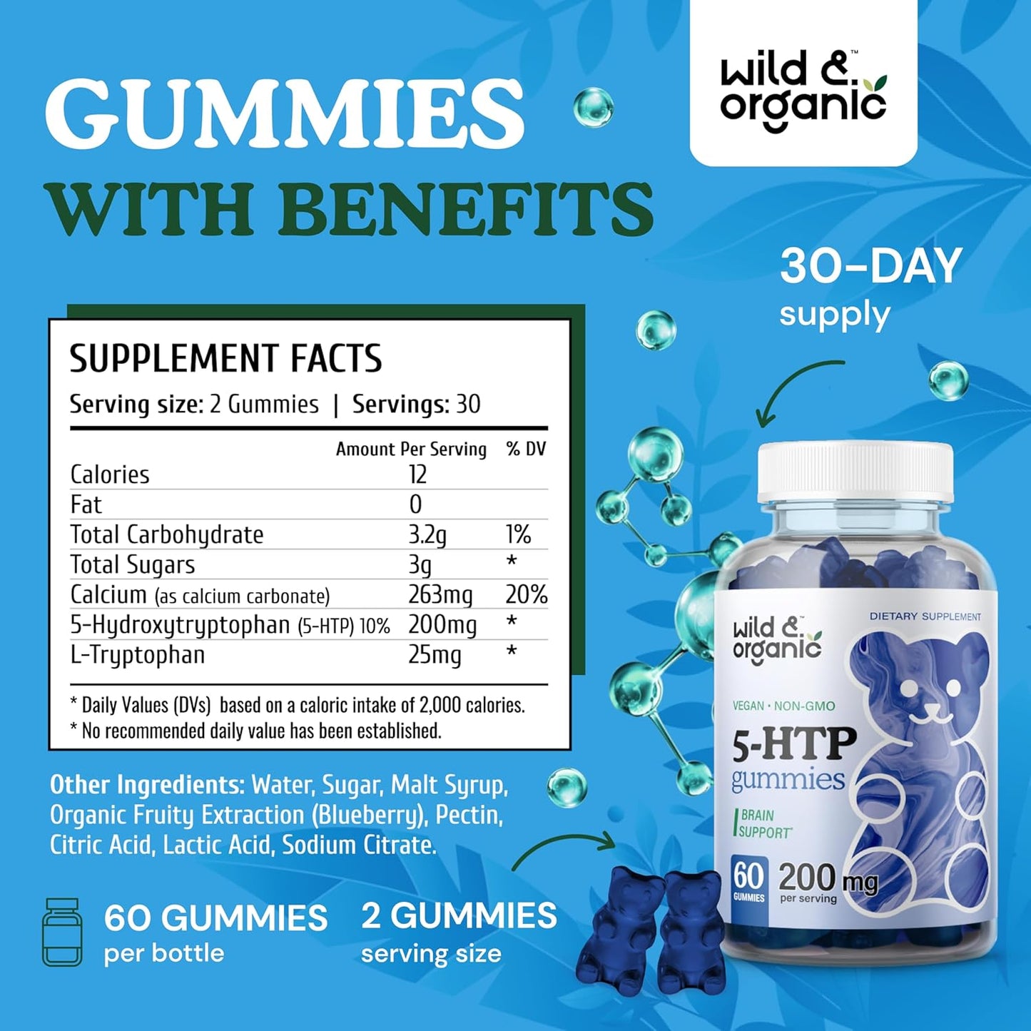 60 Count Wild & Organic 5HTP and Valerian Root Gummies for Natural Relaxation