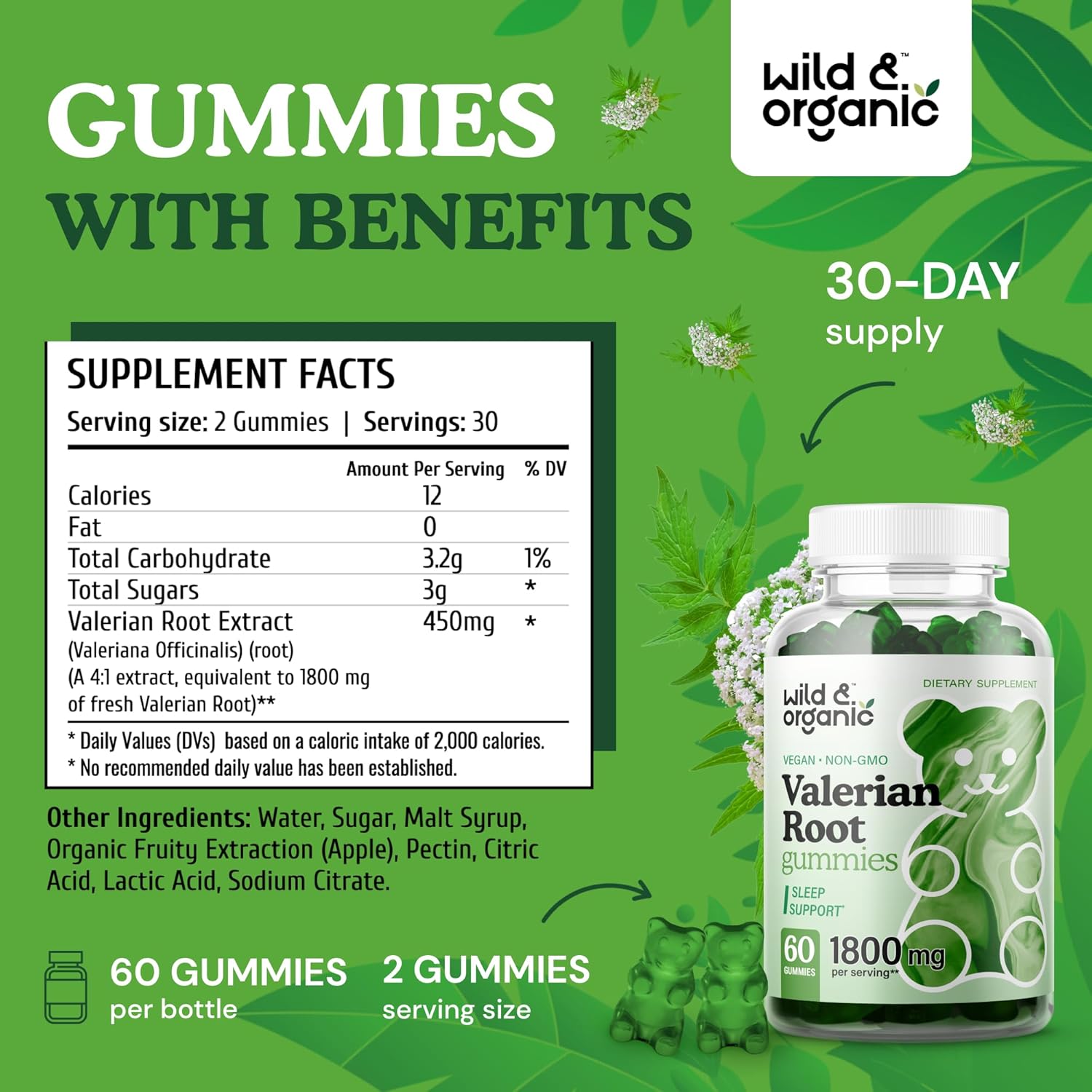 60 Count Wild & Organic 5HTP and Valerian Root Gummies for Natural Relaxation