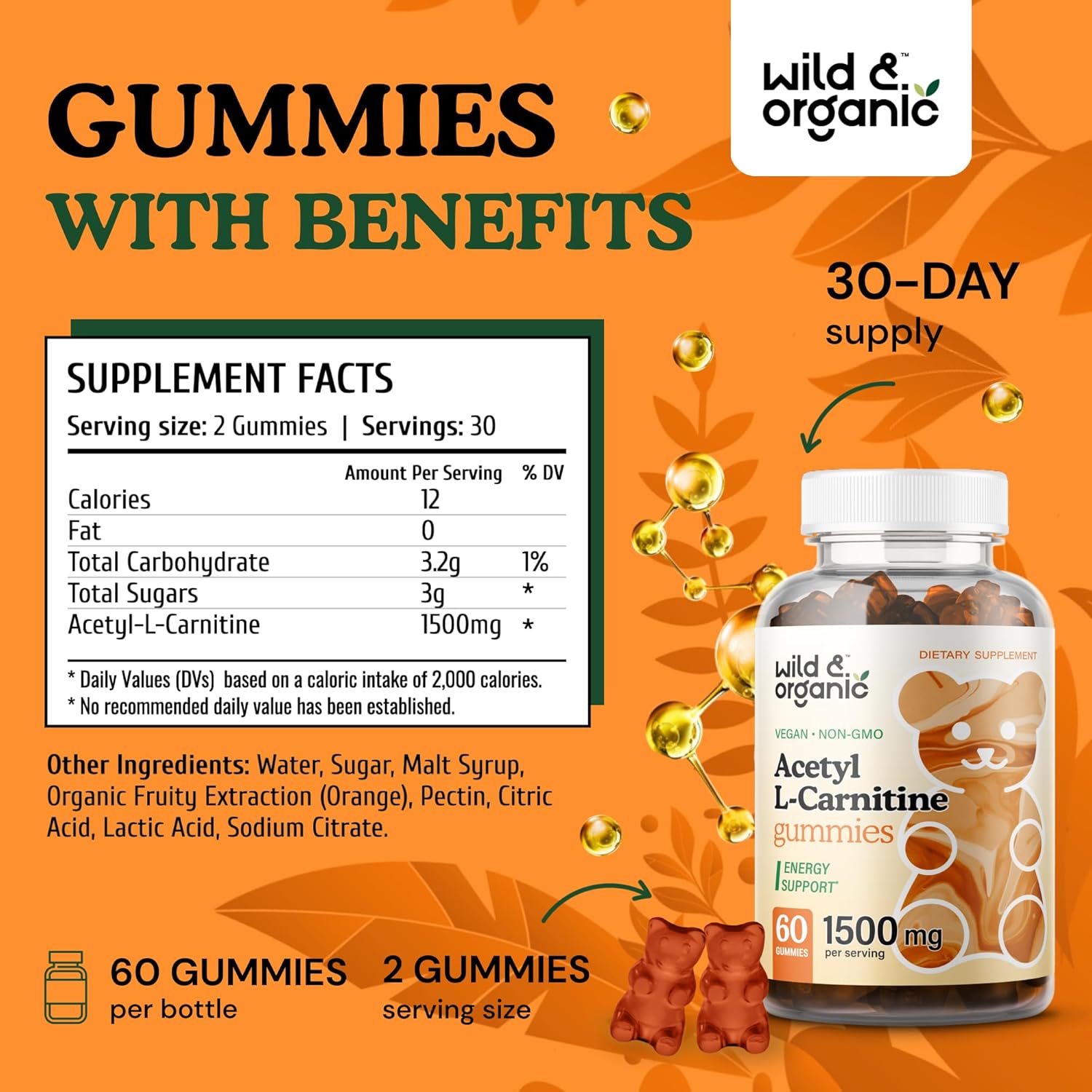 60 Count Wild & Organic L-Carnitine and CoQ10 Gummies for Enhanced Energy and Heart Health
