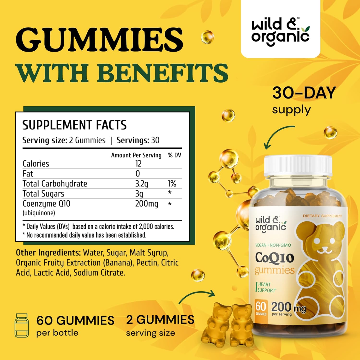 60 Count Wild & Organic L-Carnitine and CoQ10 Gummies for Enhanced Energy and Heart Health
