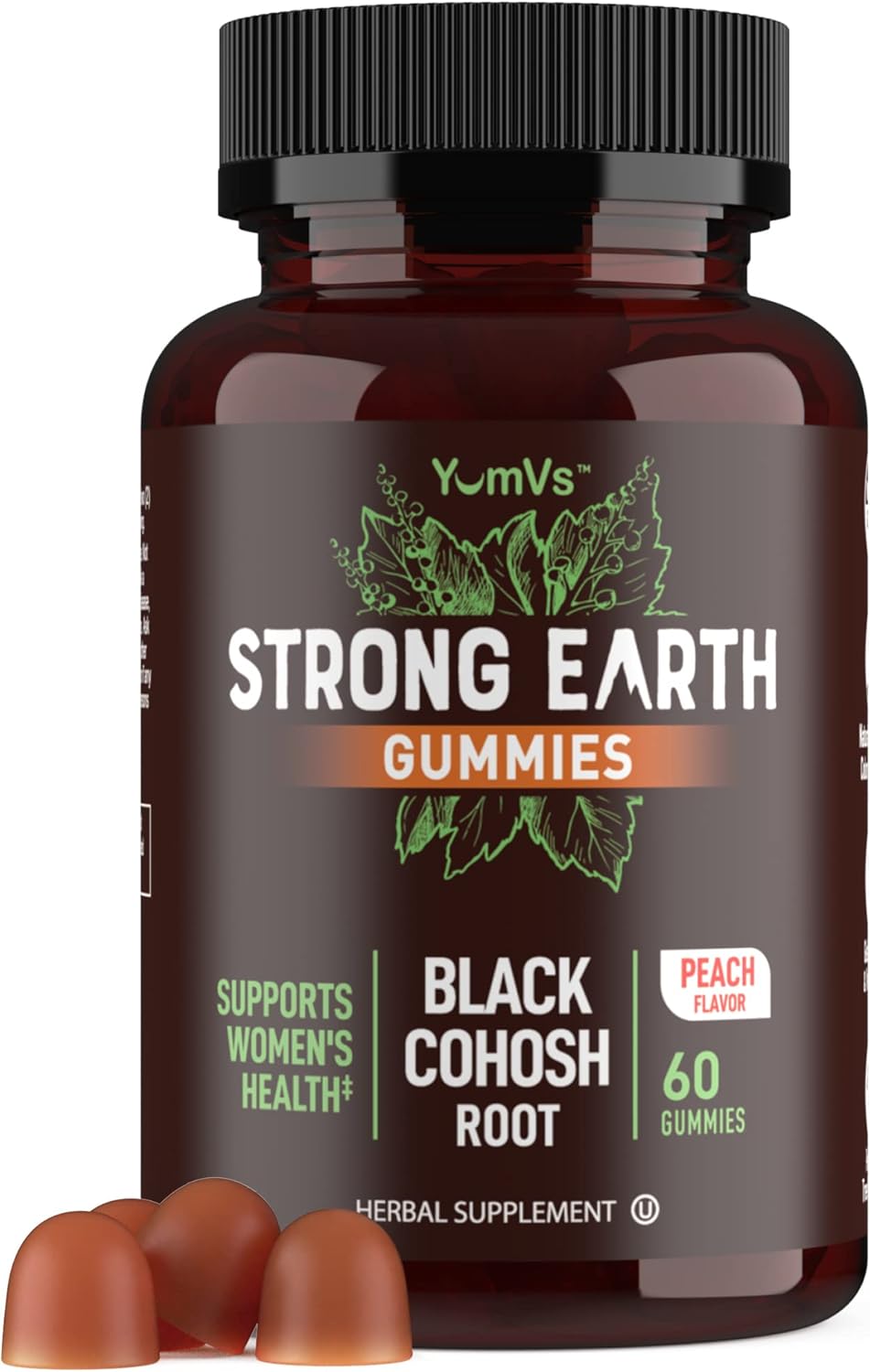 60 Count YUM-V'S Strong Earth Black Cohosh Root Gummies for Menopause Relief - Natural Extract Supplement for Night Sweats & Hot Flashes