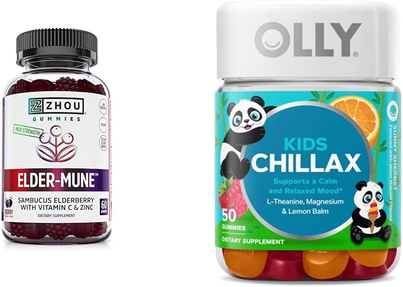 60 Count Zhou Nutrition Elderberry Gummies & 50 Count OLLY Kids Magnesium Gummies for Immune and Calm Support