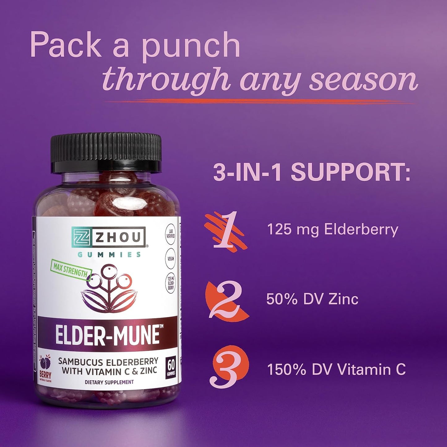 60 Count Zhou Nutrition Elderberry Gummies & 50 Count OLLY Kids Magnesium Gummies for Immune and Calm Support