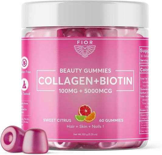 60 ct FIOR Biotin & Collagen Supplements for Hair, Skin, and Nails - Beauty Gummies with Collagen & Biotin for Ultimate Results
