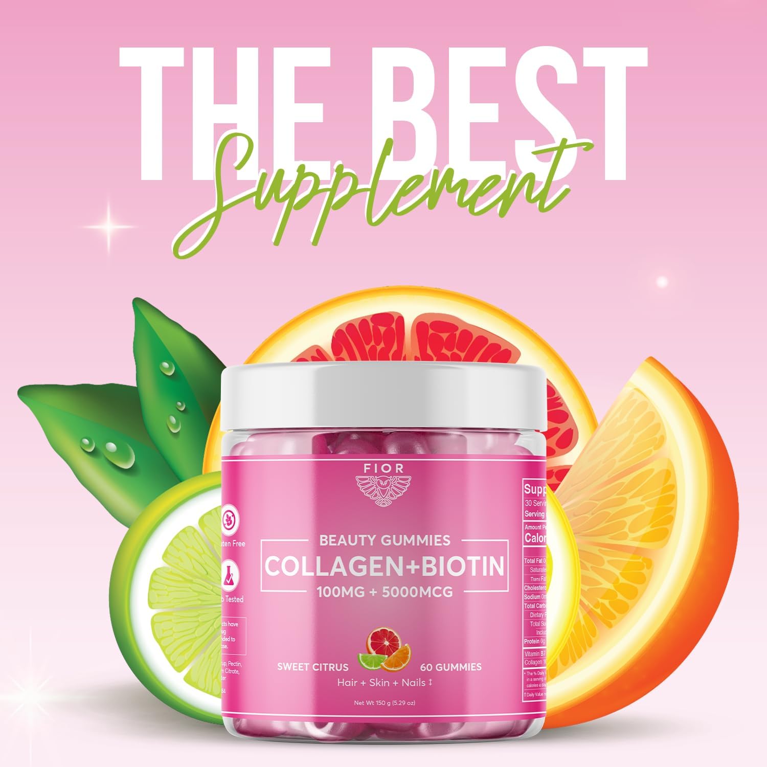 60 ct FIOR Biotin & Collagen Supplements for Hair, Skin, and Nails - Beauty Gummies with Collagen & Biotin for Ultimate Results