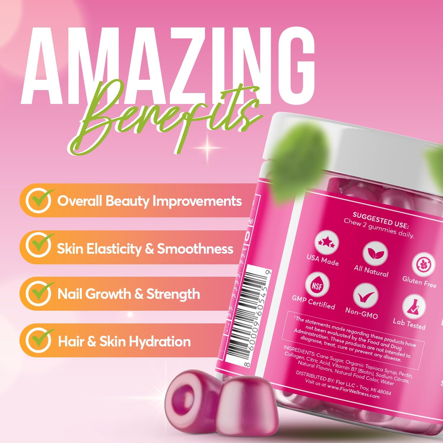 60 ct FIOR Biotin & Collagen Supplements for Hair, Skin, and Nails - Beauty Gummies with Collagen & Biotin for Ultimate Results