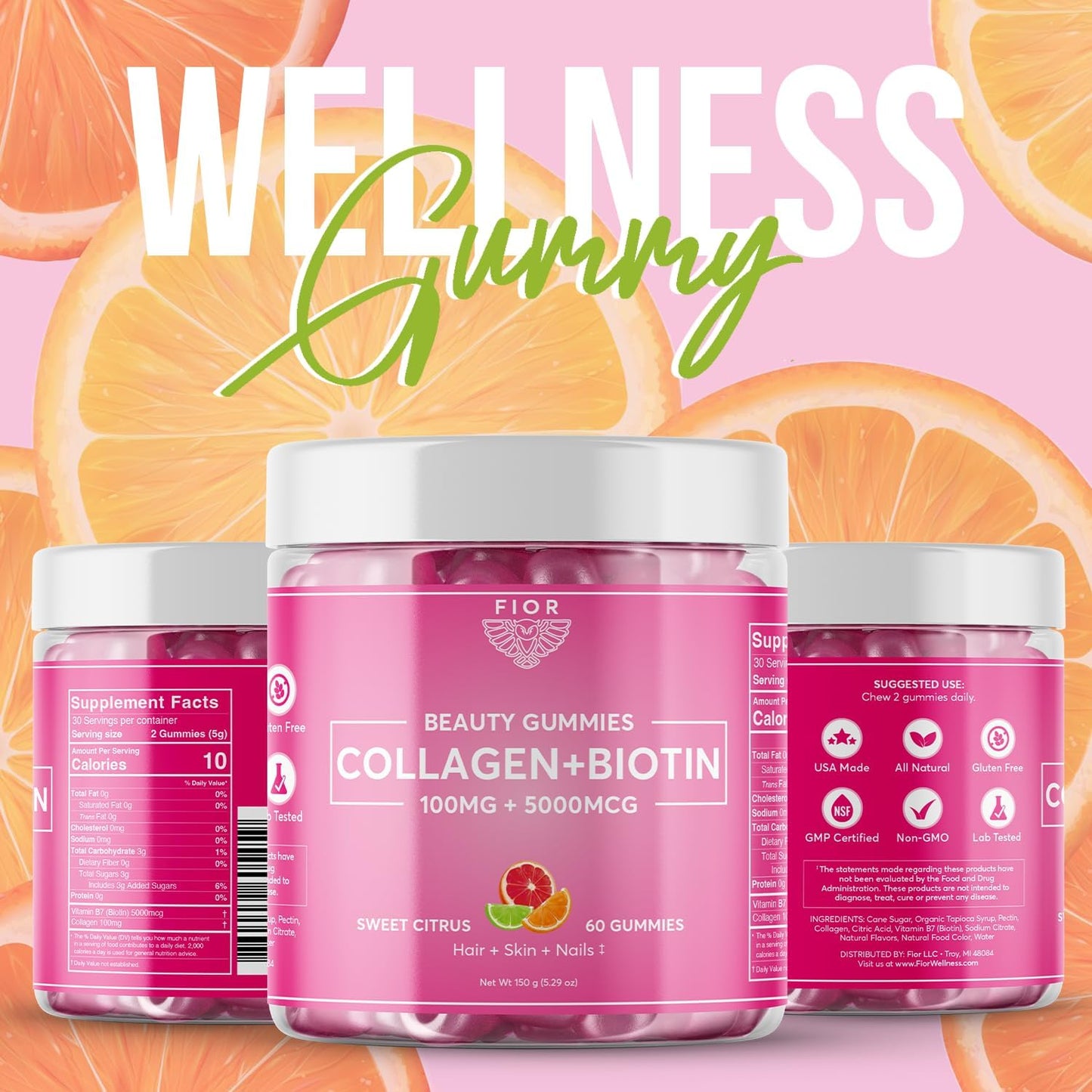 60 ct FIOR Biotin & Collagen Supplements for Hair, Skin, and Nails - Beauty Gummies with Collagen & Biotin for Ultimate Results