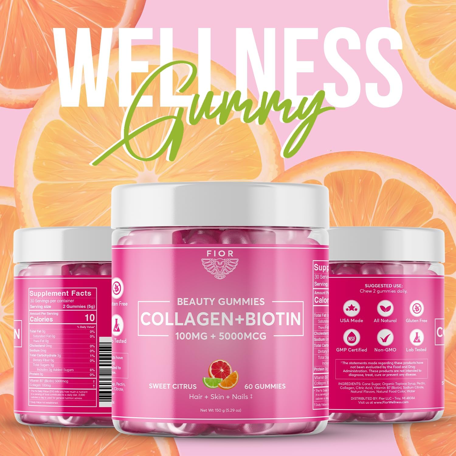 60 ct FIOR Biotin & Collagen Supplements for Hair, Skin, and Nails - Beauty Gummies with Collagen & Biotin for Ultimate Results