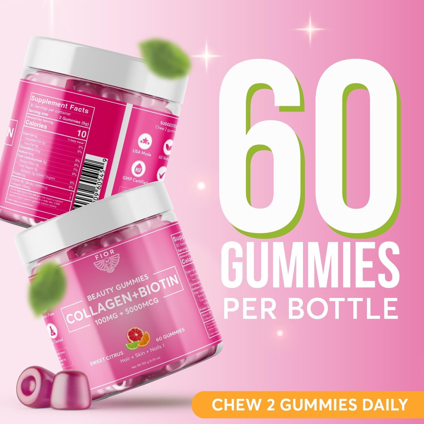 60 ct FIOR Biotin & Collagen Supplements for Hair, Skin, and Nails - Beauty Gummies with Collagen & Biotin for Ultimate Results