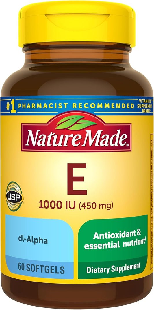 60 Ct Nature Made Vitamin E 1000 IU (dl-Alpha) Softgels for Immune Support