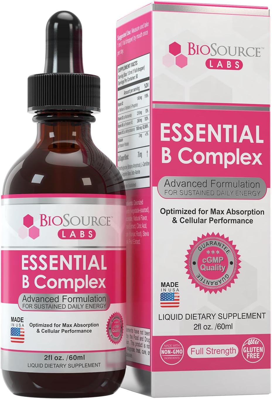 60-Day Supply of BioSource Labs Essential B Complex Sublingual Liquid Drops with Methyl B12, Vegan Vitamin B-Complex