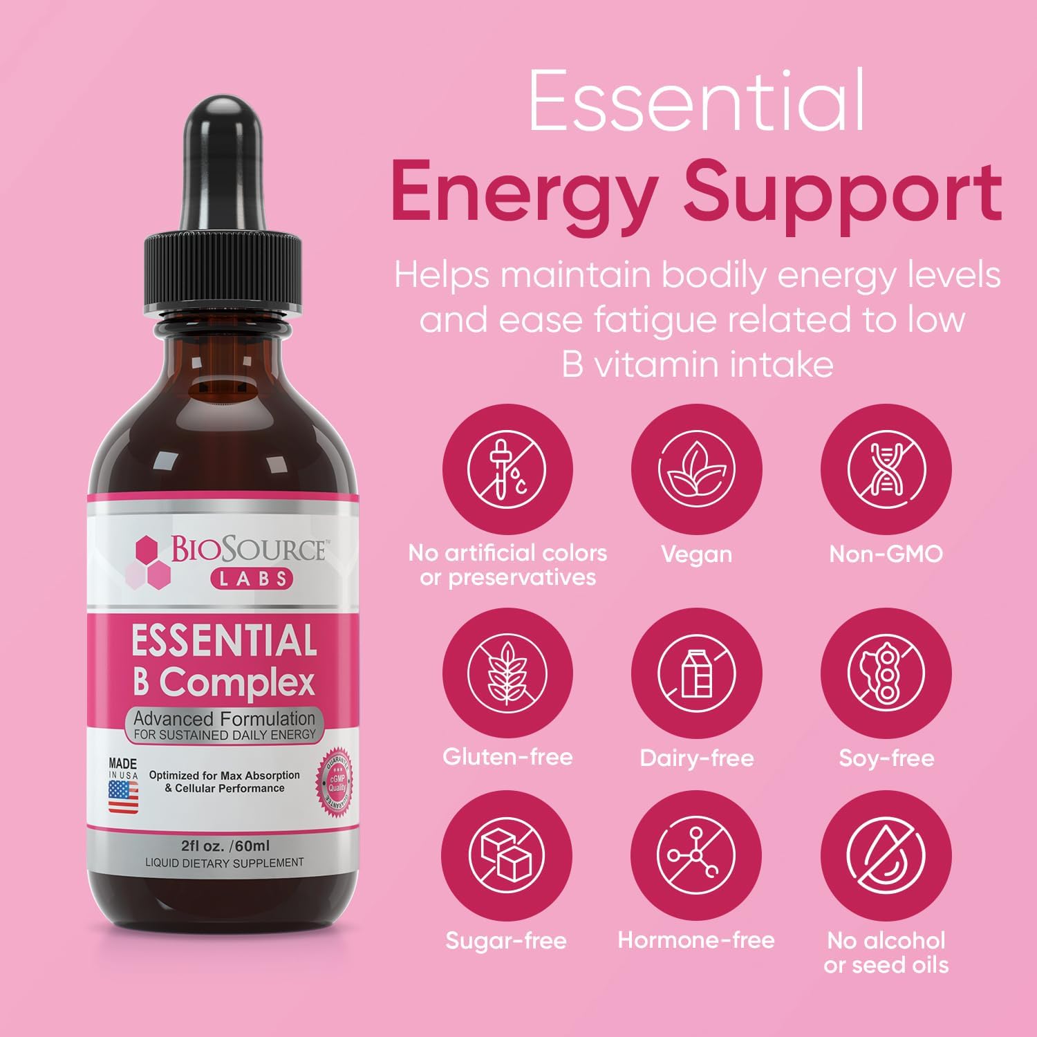 60-Day Supply of BioSource Labs Essential B Complex Sublingual Liquid Drops with Methyl B12, Vegan Vitamin B-Complex