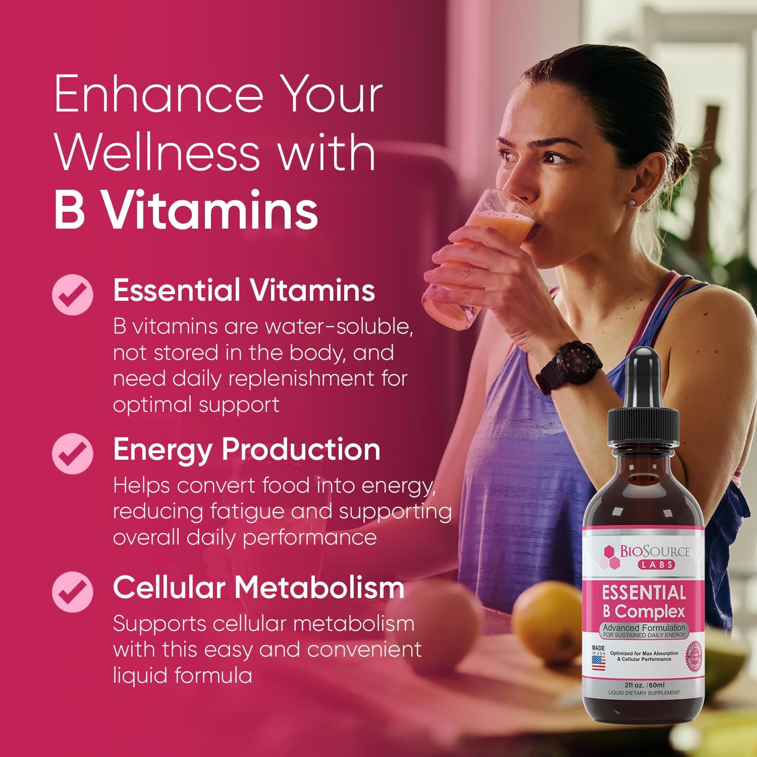 60-Day Supply of BioSource Labs Essential B Complex Sublingual Liquid Drops with Methyl B12, Vegan Vitamin B-Complex