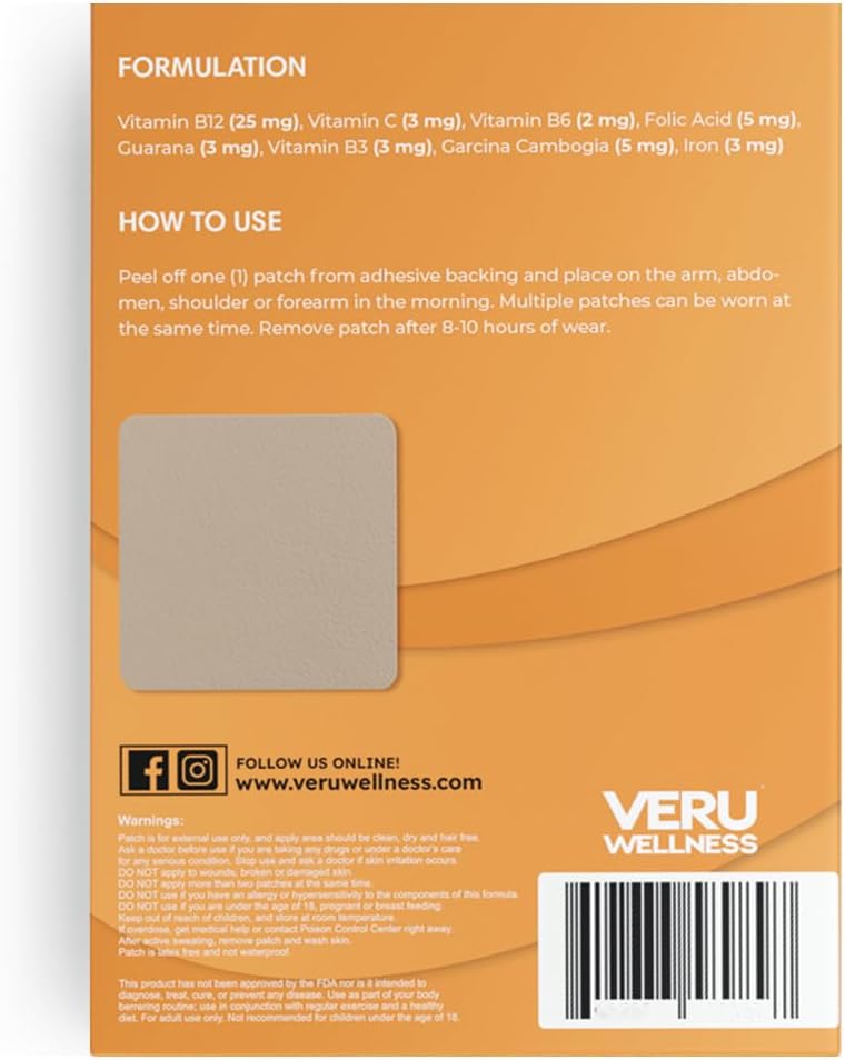 60-Day Supply of Veru Wellness Natural B12 Energy Patch with Garcinia - Self-Adhesive Time Release Patch