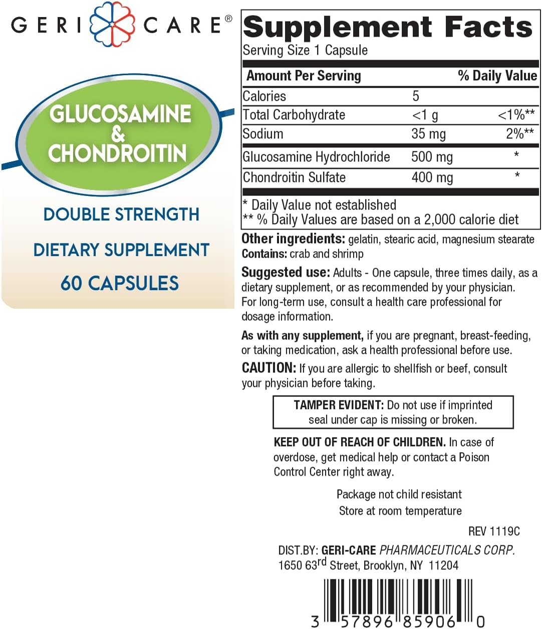 60 Gericare Glucosamine HCl & Chondroitin Sulfate Capsules with Sodium for Joint Health - 500 mg & 400 mg, Promotes Mobility & Flexibility