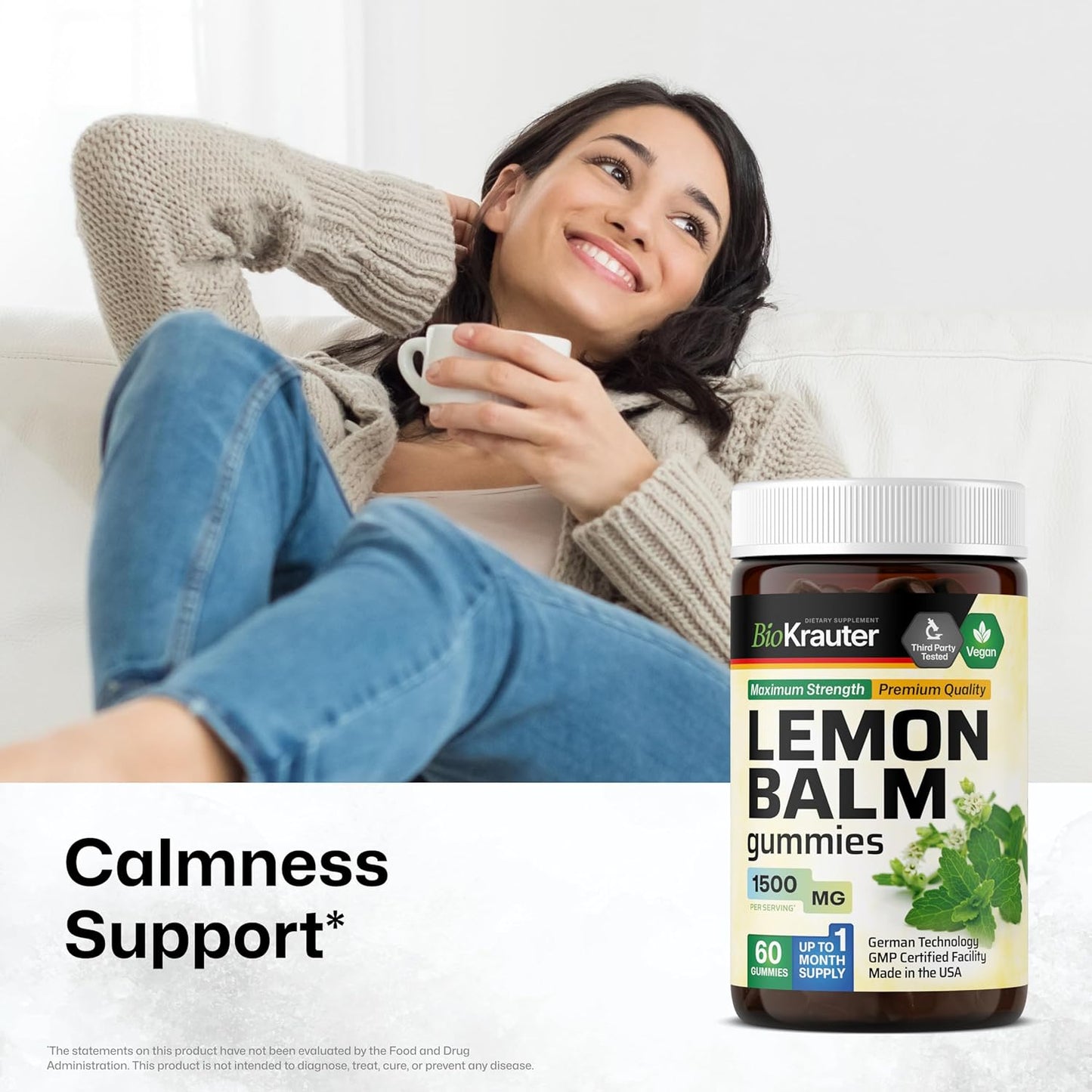 60 Gummies of BIO KRAUTER Lemon Balm and Adrenal Support Formula for Stress Relief and Wellness