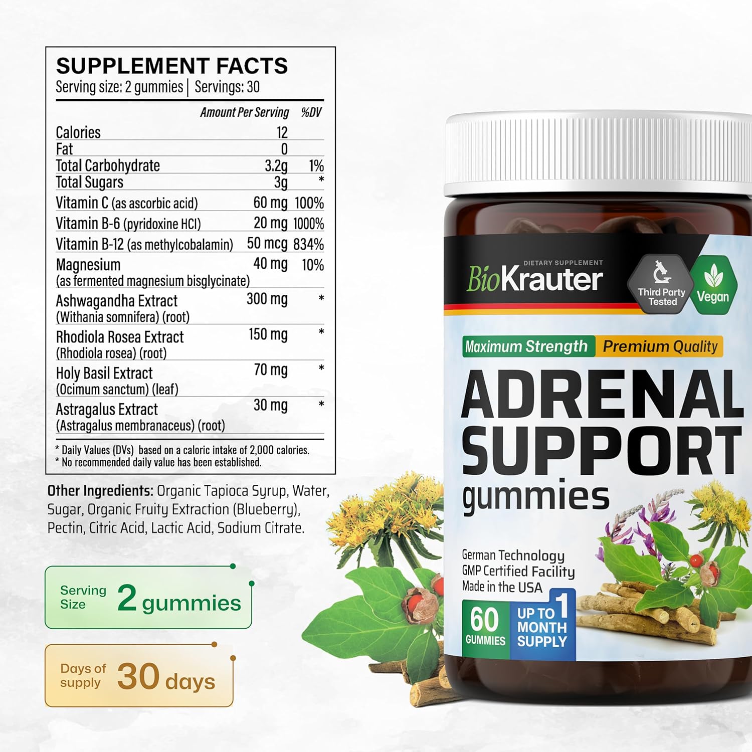 60 Gummies of BIO KRAUTER Lemon Balm and Adrenal Support Formula for Stress Relief and Wellness