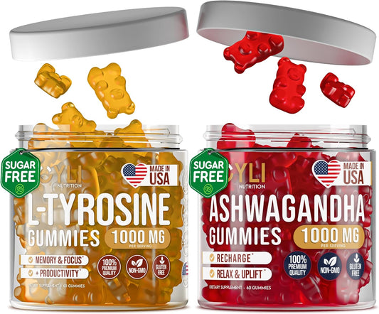 60 L-Tyrosine & Ashwagandha Gummies Bundle for Kids & Adults - Focus Supplements with Ashwaganda and L Tyrosine - 120 Gummies in Total