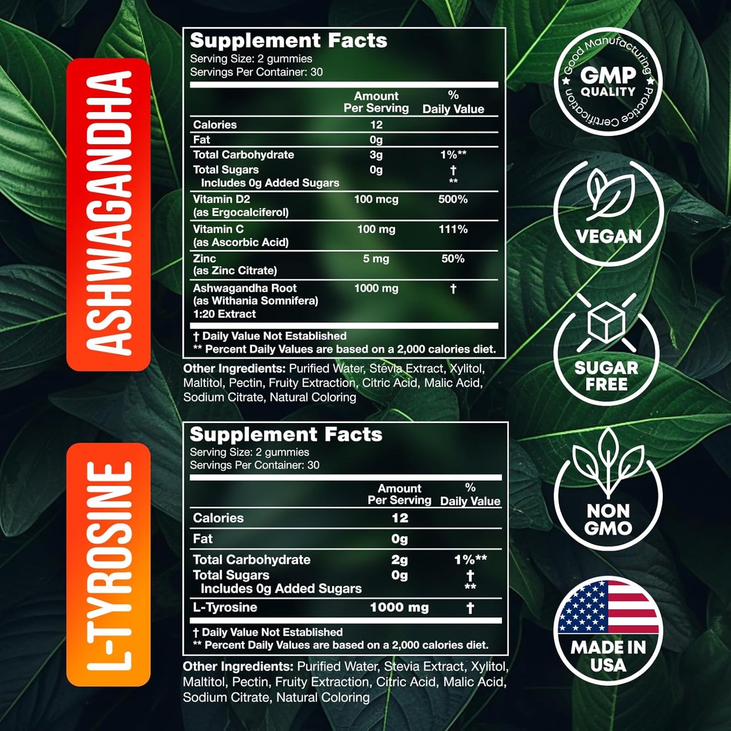 60 L-Tyrosine & Ashwagandha Gummies Bundle for Kids & Adults - Focus Supplements with Ashwaganda and L Tyrosine - 120 Gummies in Total