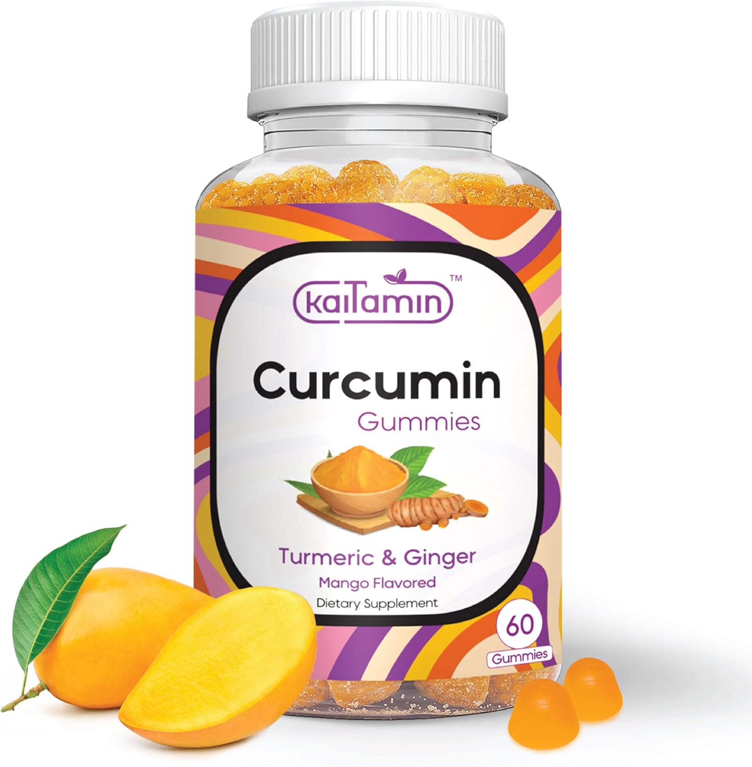 60 Mango Flavored Turmeric Curcumin Gummies with Ginger - Joint Support, Digestive Health, Immunity - Antioxidant-Rich, Vegan Formula, No Aftertaste.