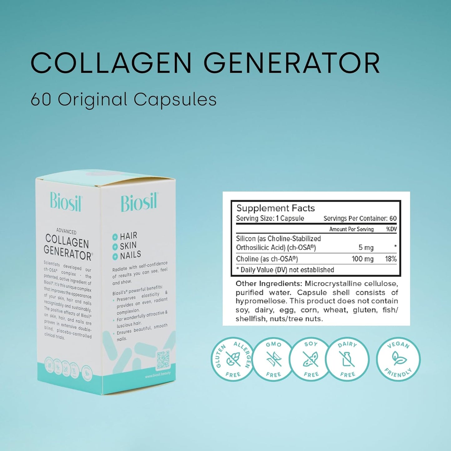60 Original Capsules Biosil Collagen Generator with Patented ch-OSA Complex for Generating and Protecting Your Own Collagen - GMO Free - 30-Day Supply