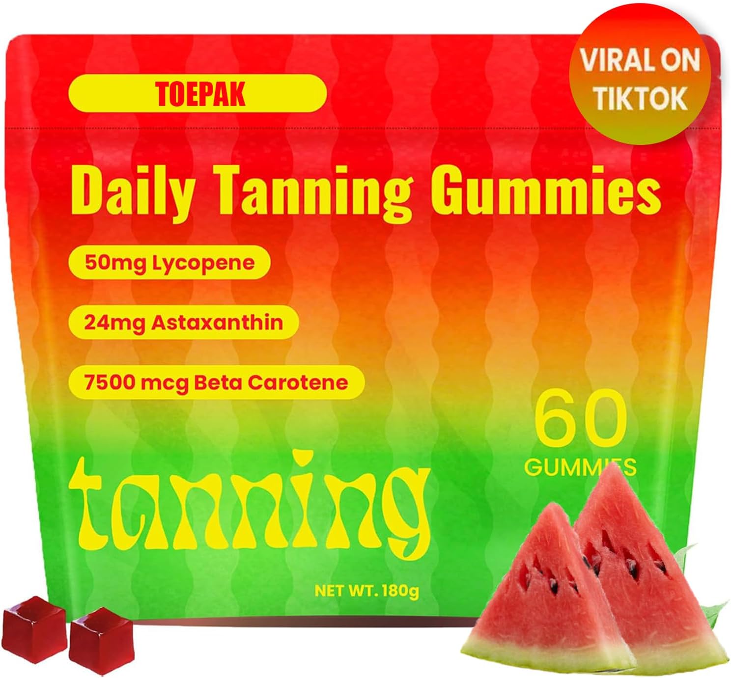 60-Piece Toepak Natural Tanning Gummies with 24mg Astaxanthin, 50mg Lycopene, and 7500mcg Beta Carotene - Skin Health & Glow, Non-GMO, Sour Watermelon Flavor