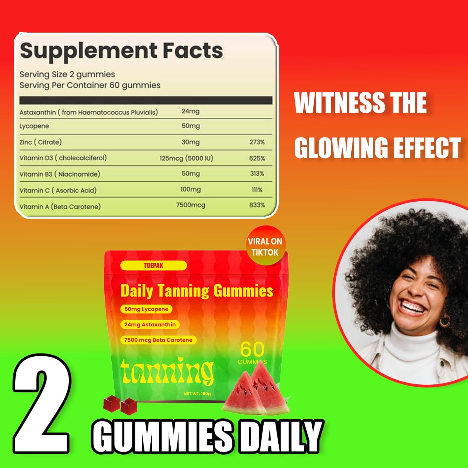 60-Piece Toepak Natural Tanning Gummies with 24mg Astaxanthin, 50mg Lycopene, and 7500mcg Beta Carotene - Skin Health & Glow, Non-GMO, Sour Watermelon Flavor