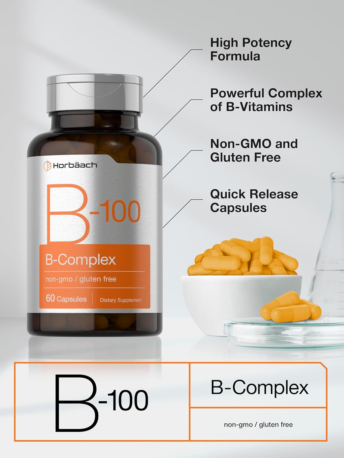 60 Quick Release Capsules Horbäach Vitamin B-100 Complex - Non-GMO & Gluten-Free Supplement