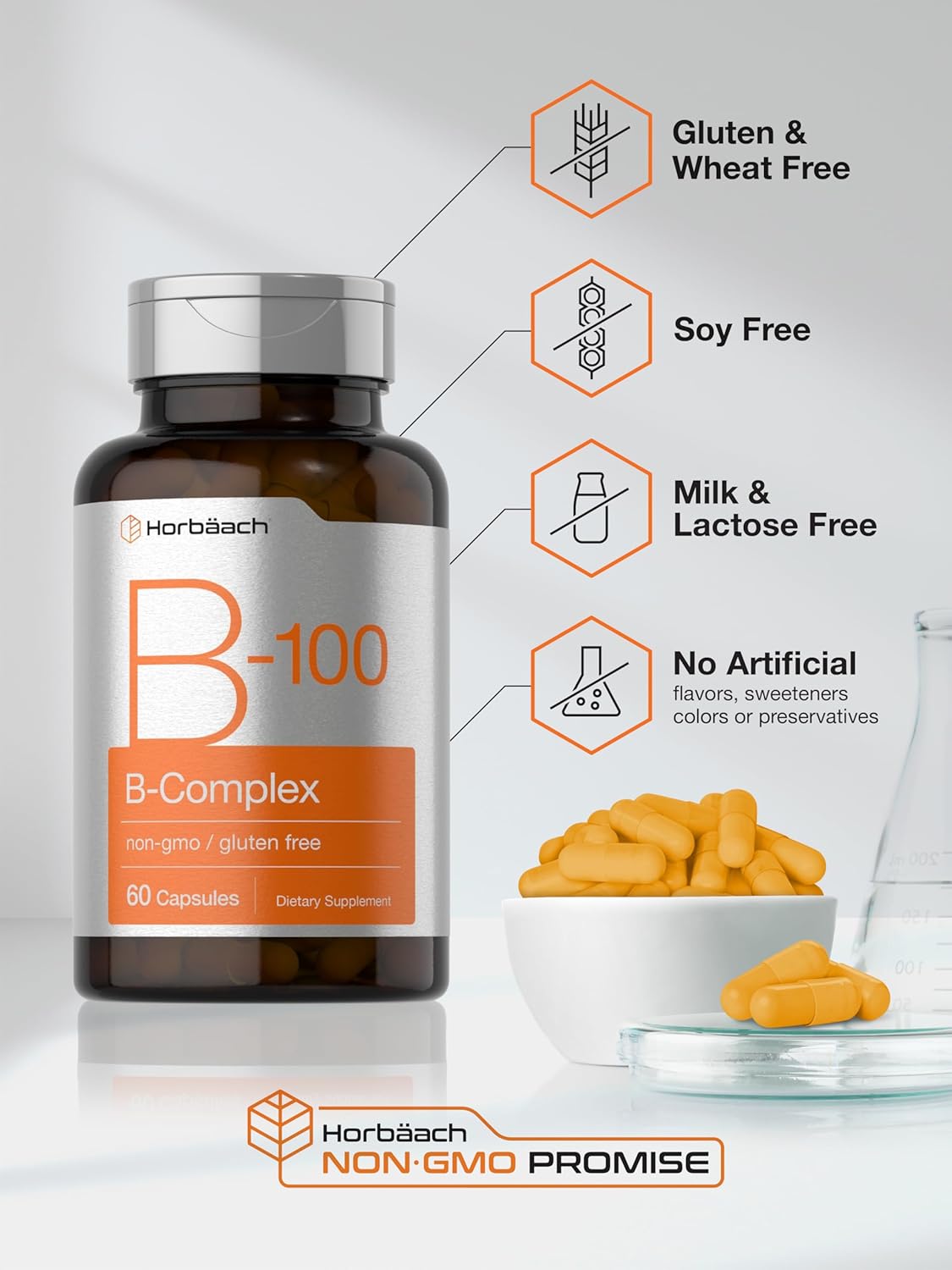 60 Quick Release Capsules Horbäach Vitamin B-100 Complex - Non-GMO & Gluten-Free Supplement