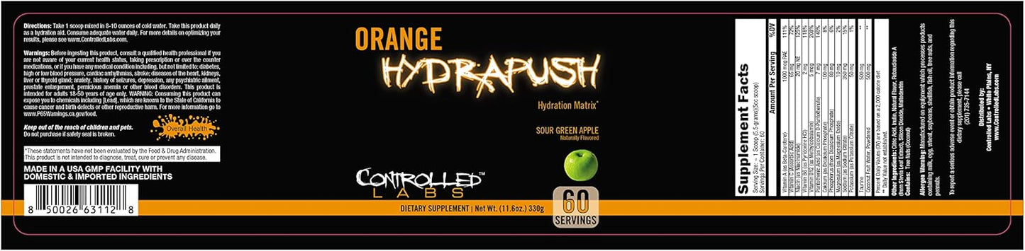 60 Servings of CONTROLLED LABS Orange HydraPush Electrolyte Powder for Advanced Hydrating Recovery - Sour Green Apple Flavor with Coconut Water, Taurine - Boost Energy, Endurance