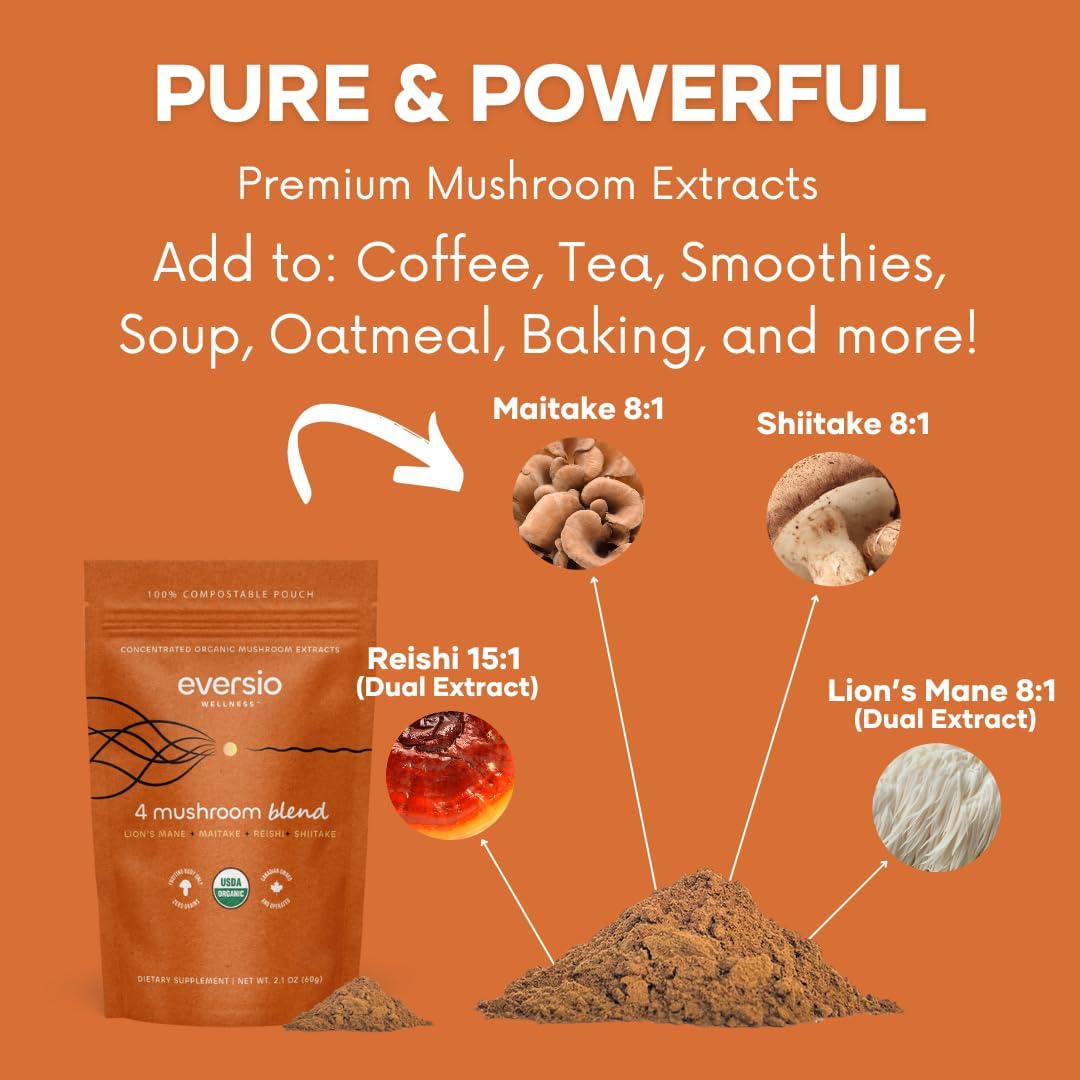 60 Servings of Eversio Wellness 4 Mushroom Blend Powder for Mushroom Coffee - Maitake, Shiitake, Lion’s Mane, Reishi Extracts (60g)