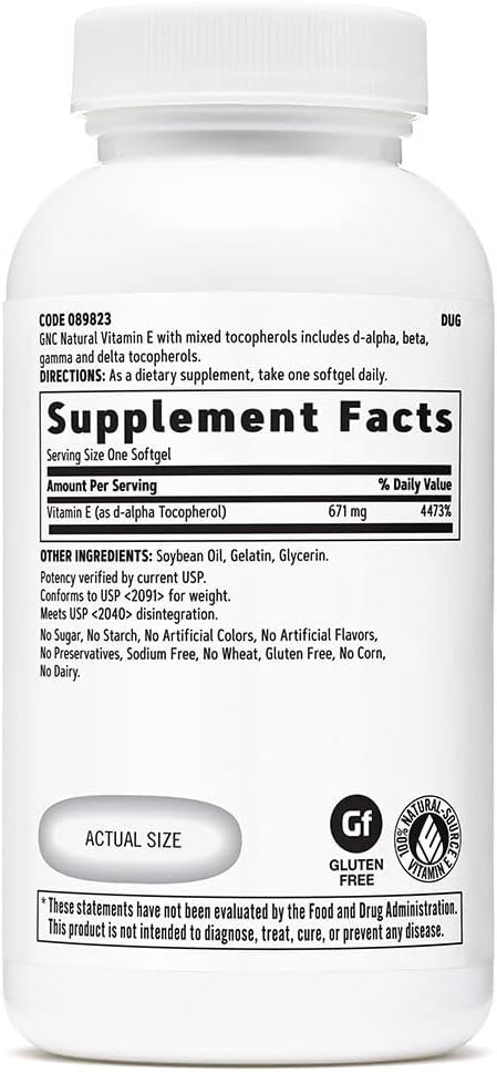 60 Servings of GNC Vitamin E 1000IU Softgels - 100% Natural Formula