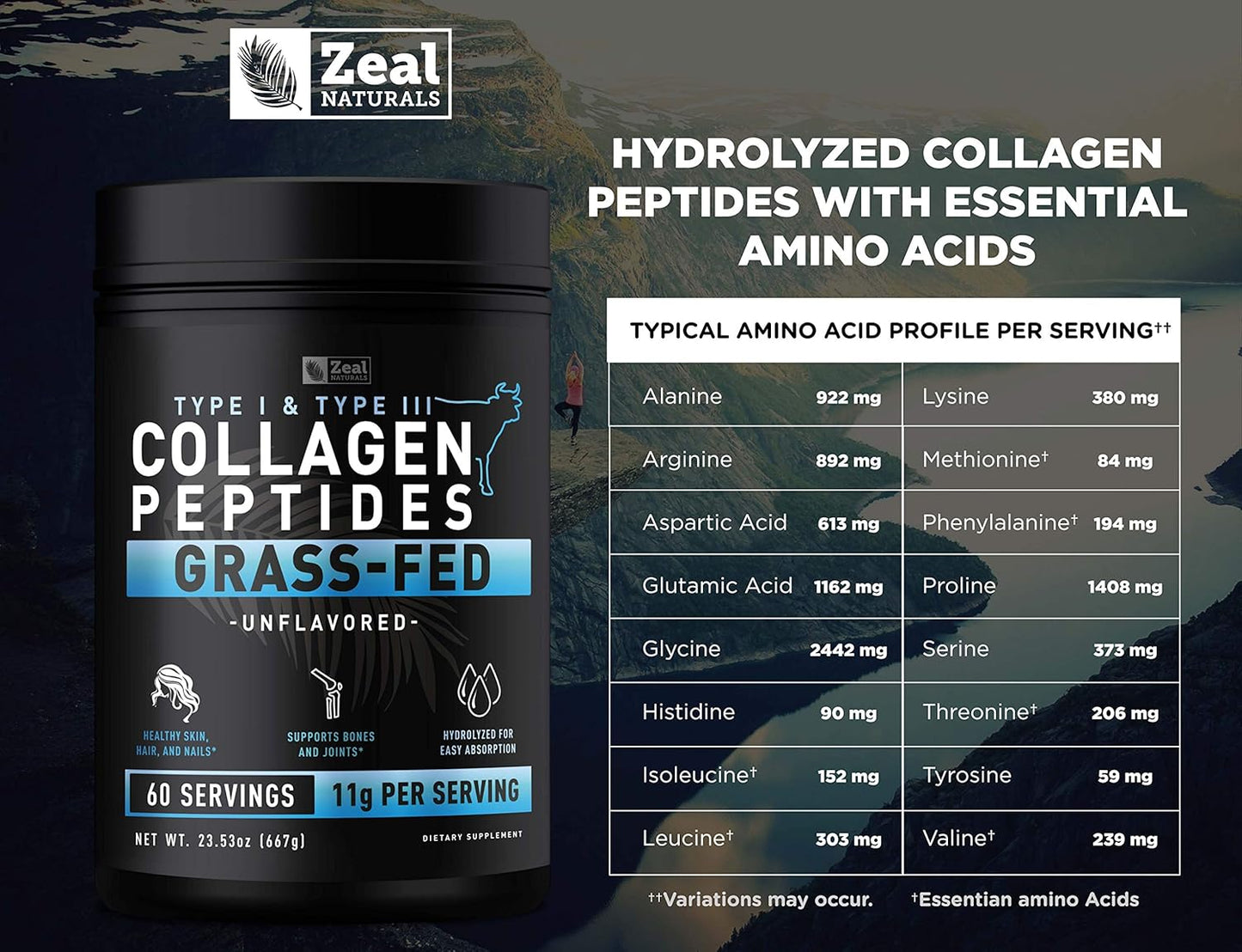 60 Servings of Zeal Naturals Pure Collagen Peptides Powder for Healthy Skin and Joints