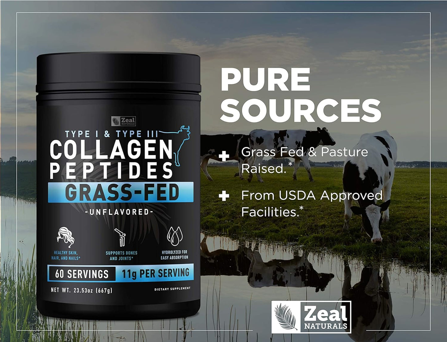 60 Servings of Zeal Naturals Pure Collagen Peptides Powder for Healthy Skin and Joints