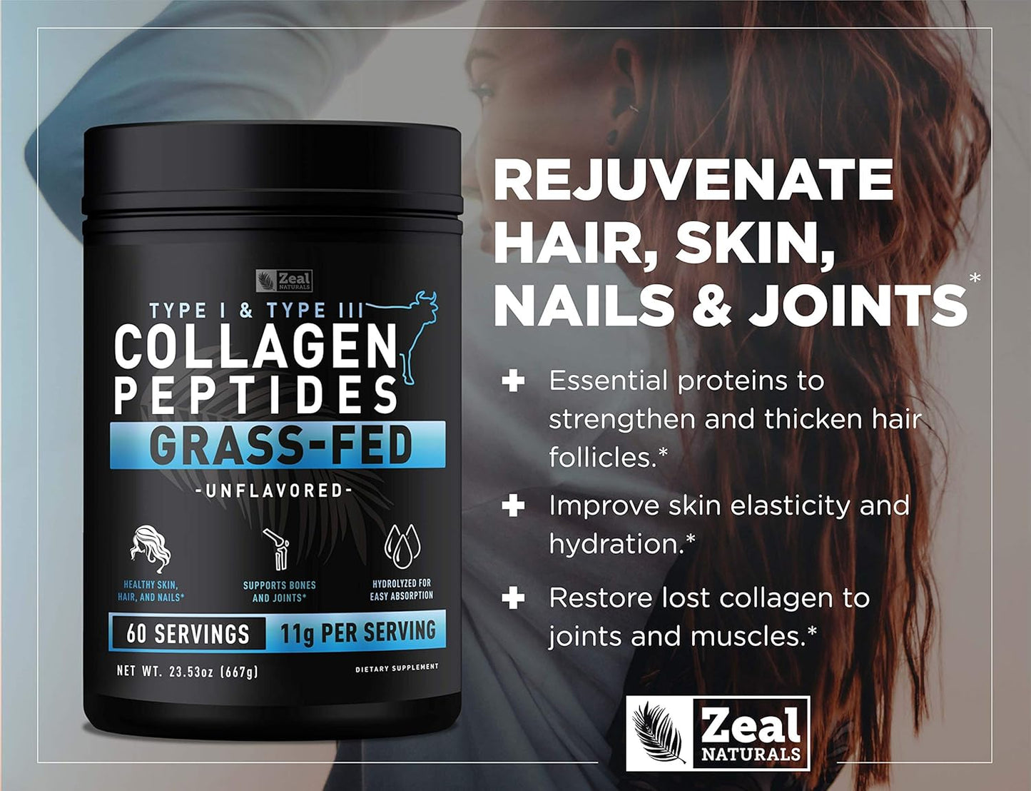 60 Servings of Zeal Naturals Pure Collagen Peptides Powder for Healthy Skin and Joints