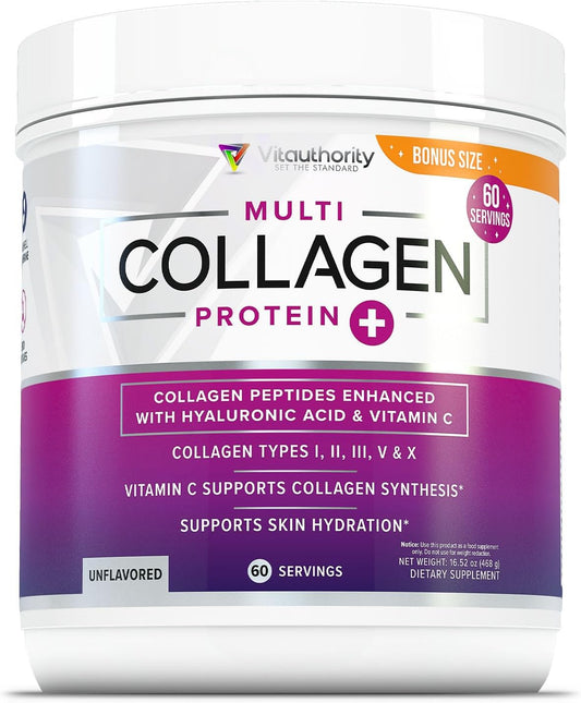 60 Servings Vitauthority Multi Collagen Peptides with Hyaluronic Acid, Vitamin C - Hydrolyzed Proteins Types I, II, III, V, X