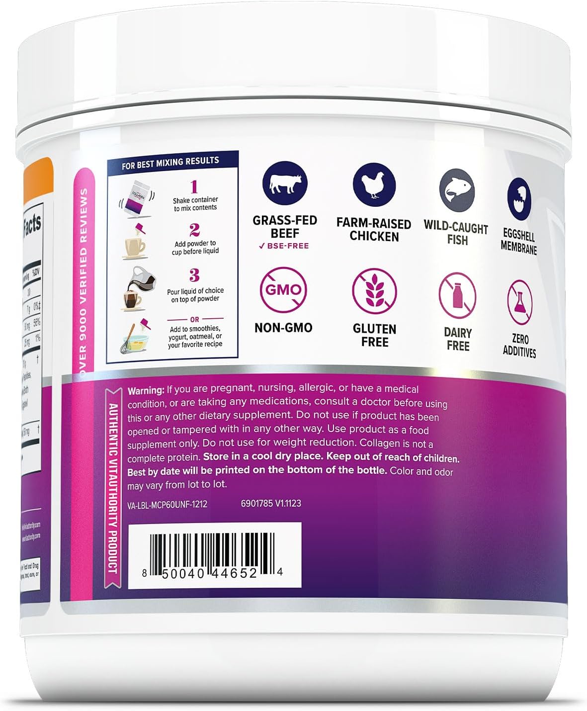 60 Servings Vitauthority Multi Collagen Peptides with Hyaluronic Acid, Vitamin C - Hydrolyzed Proteins Types I, II, III, V, X