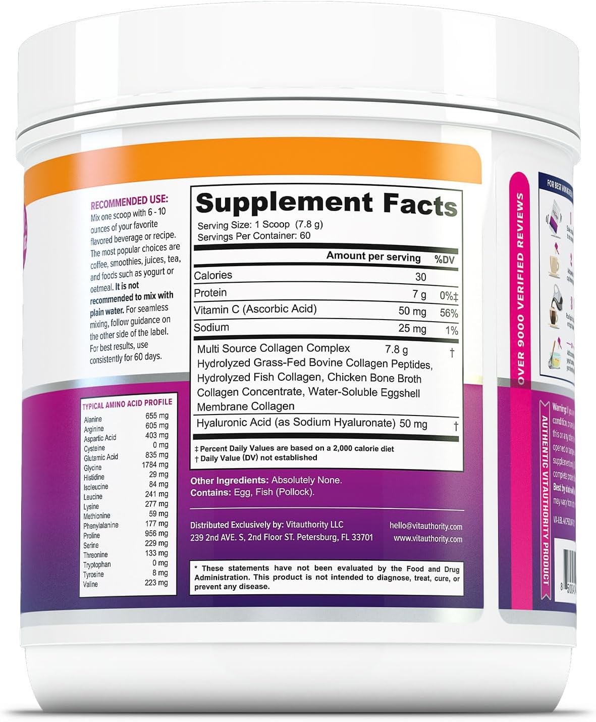 60 Servings Vitauthority Multi Collagen Peptides with Hyaluronic Acid, Vitamin C - Hydrolyzed Proteins Types I, II, III, V, X