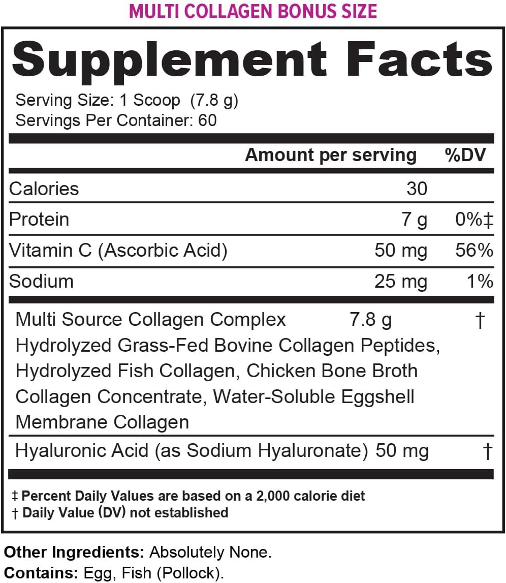 60 Servings Vitauthority Multi Collagen Peptides with Hyaluronic Acid, Vitamin C - Hydrolyzed Proteins Types I, II, III, V, X