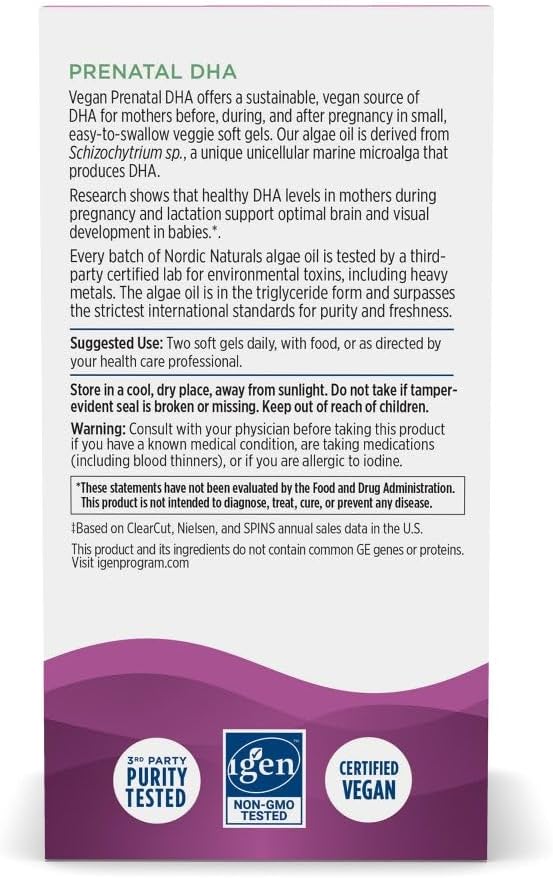 60 Soft Gels of Nordic Naturals Vegan Prenatal DHA with 500 mg Plant-Based DHA for Brain Development in Babies and Healthy Pregnancy - Non-GMO Formula - 30 Servings