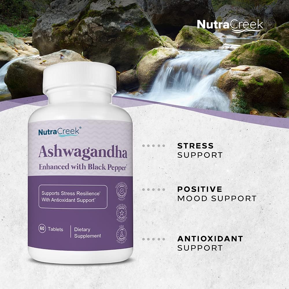 60 Tablets of NutraCreek Ashwagandha with 600mg per Tablet and Black Pepper for Enhanced Absorption - Promotes Stress Resilience, Positive Mood, and Antioxidant Support - BoostGo Australia