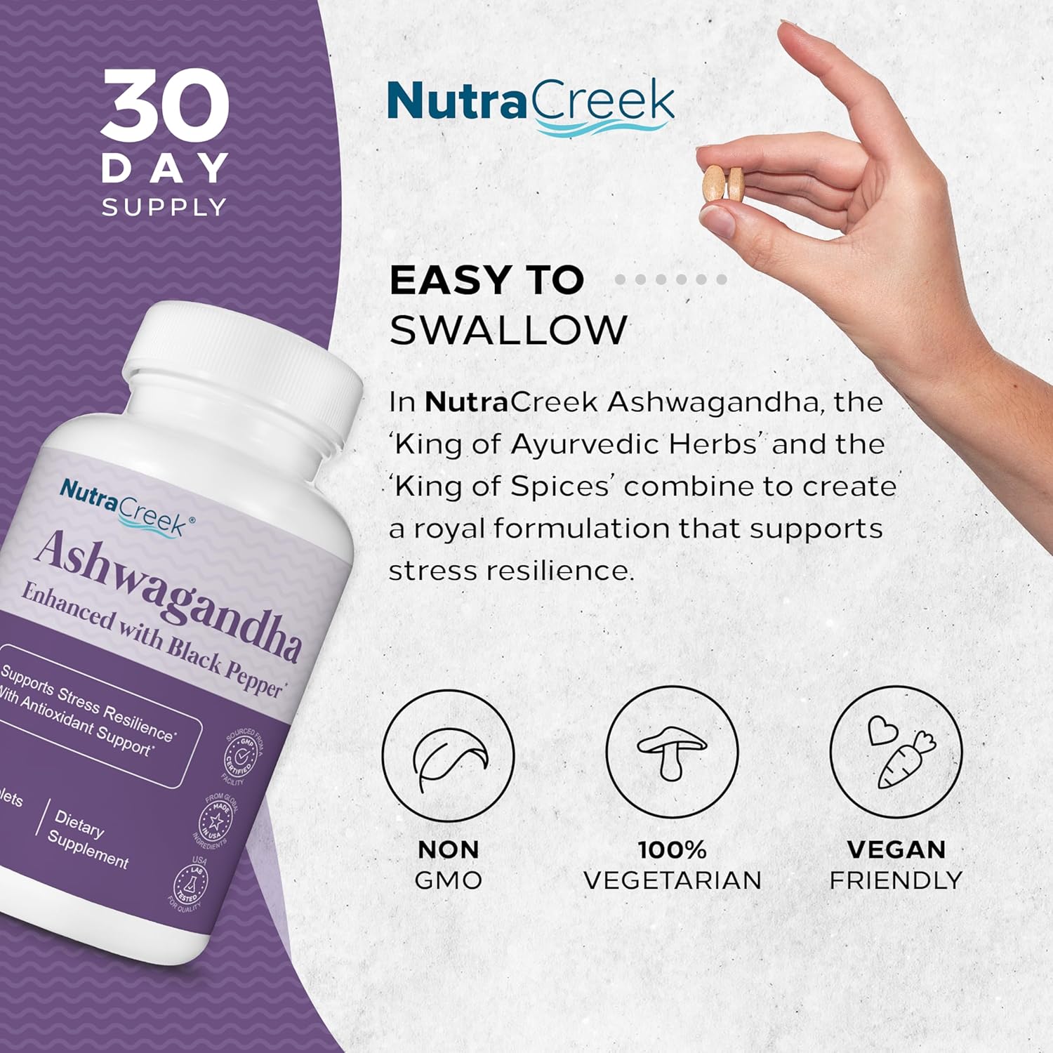 60 Tablets of NutraCreek Ashwagandha with 600mg per Tablet and Black Pepper for Enhanced Absorption - Promotes Stress Resilience, Positive Mood, and Antioxidant Support - BoostGo Australia