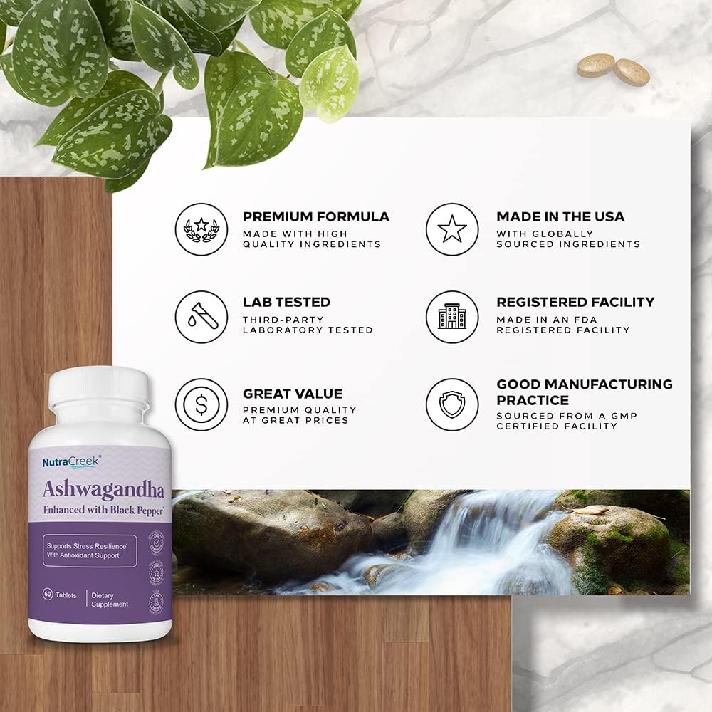 60 Tablets of NutraCreek Ashwagandha with 600mg per Tablet and Black Pepper for Enhanced Absorption - Promotes Stress Resilience, Positive Mood, and Antioxidant Support - BoostGo Australia