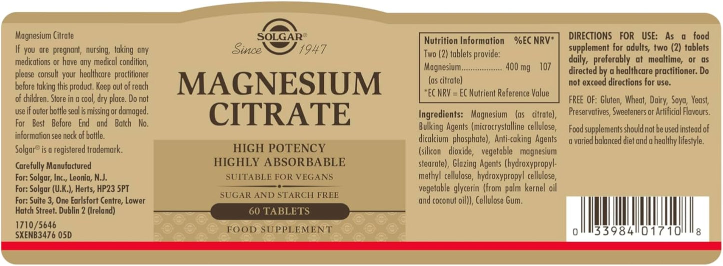 60 Tablets of SOLGAR Magnesium Citrate Supplement for Improved Health and Wellness