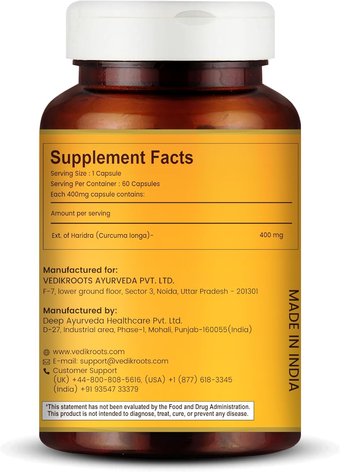 60 VEDIKROOTS Curcumin Capsules for Joint Comfort, Anti-Aging, and Inflammation Relief - Antioxidant Properties - 60 Veg Capsules