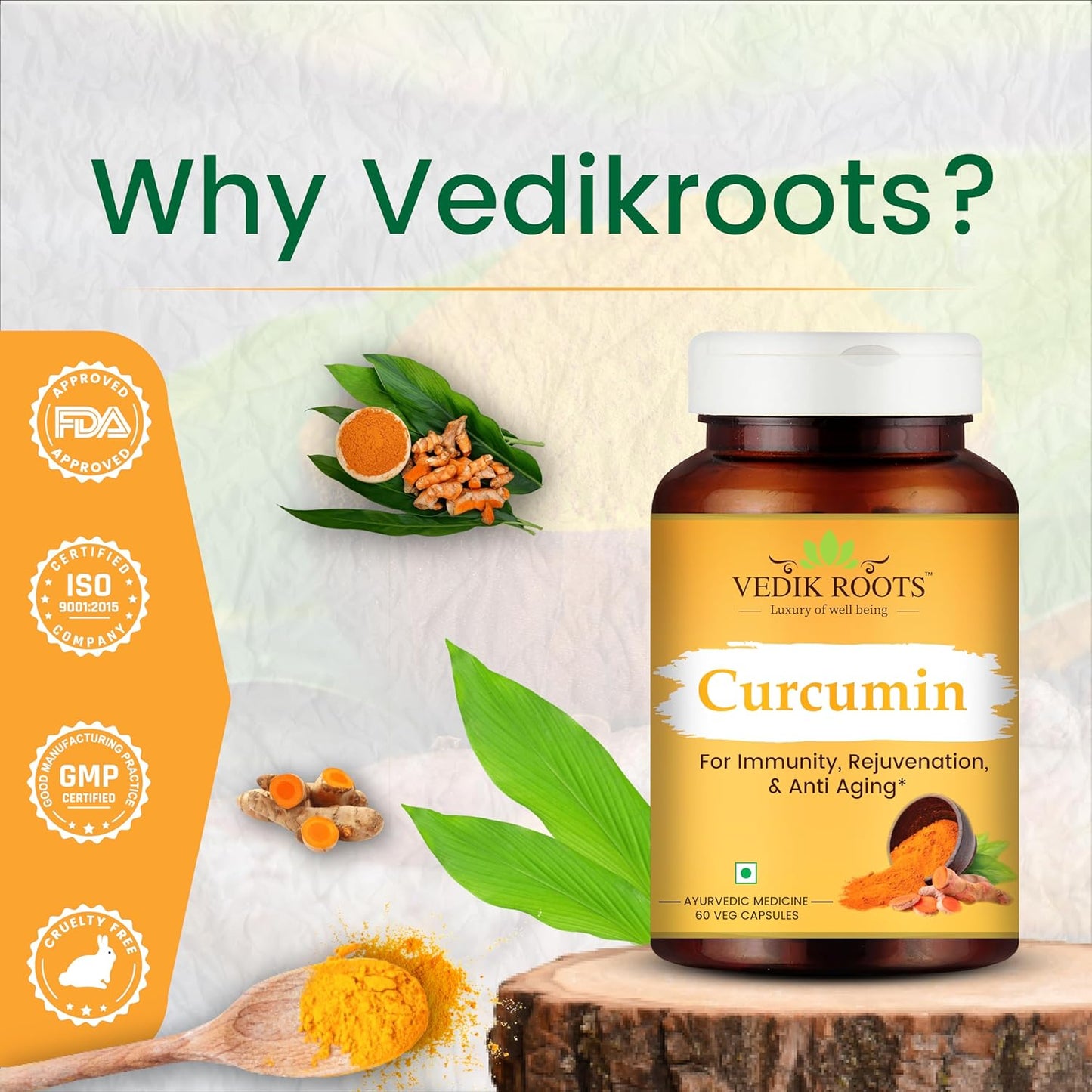 60 VEDIKROOTS Curcumin Capsules for Joint Comfort, Anti-Aging, and Inflammation Relief - Antioxidant Properties - 60 Veg Capsules