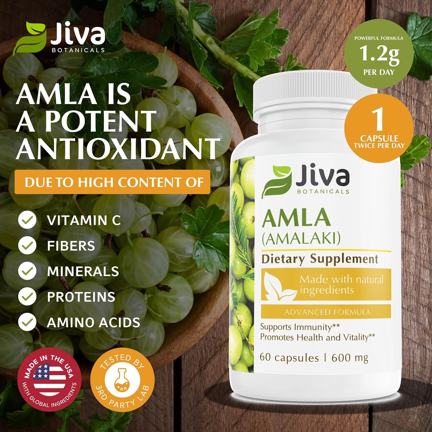 60 Vegan Amla Capsules by Jiva Botanicals - Amalaki Powder Supplement for Vitality - Indian Gooseberry Support